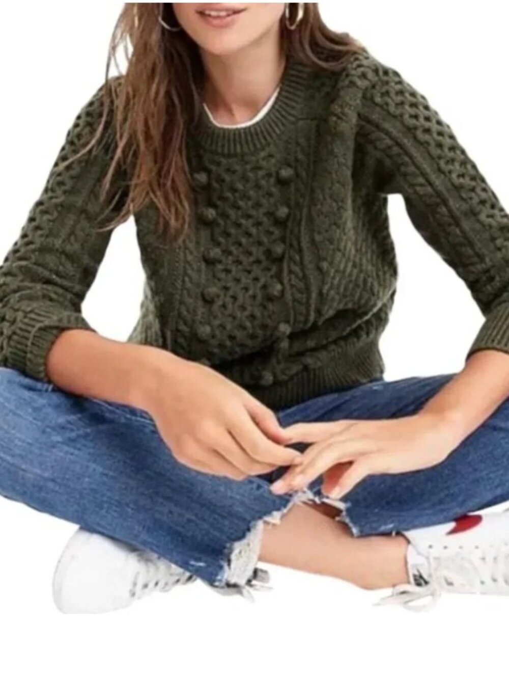 J. Crew Womens Popcorn Cable Knit Green Fisherman Crew Neck Size Medium